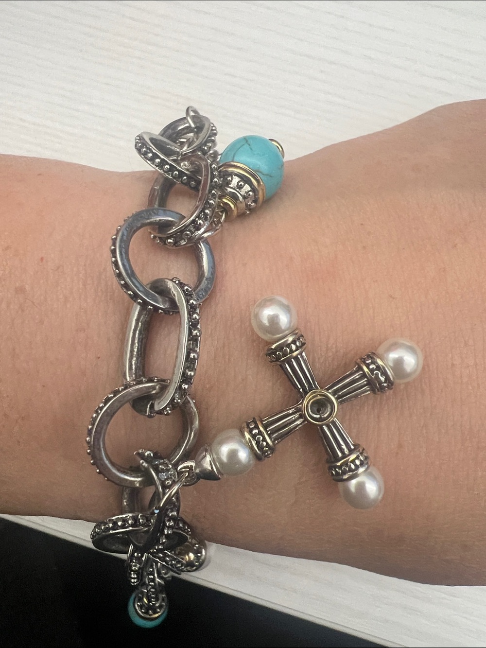Silver Tone Pearl Cross Charm Bracelet with Turquoise Accent